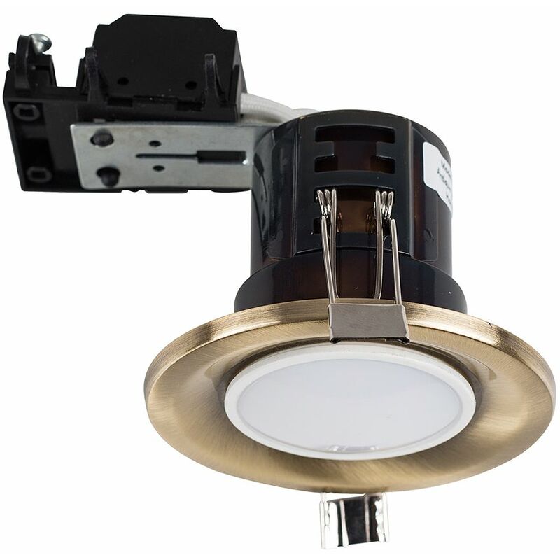 Fire Rated GU10 Recessed Ceiling Downlight Spotlight + Cool White LED GU10 Bulb - Antique Brass