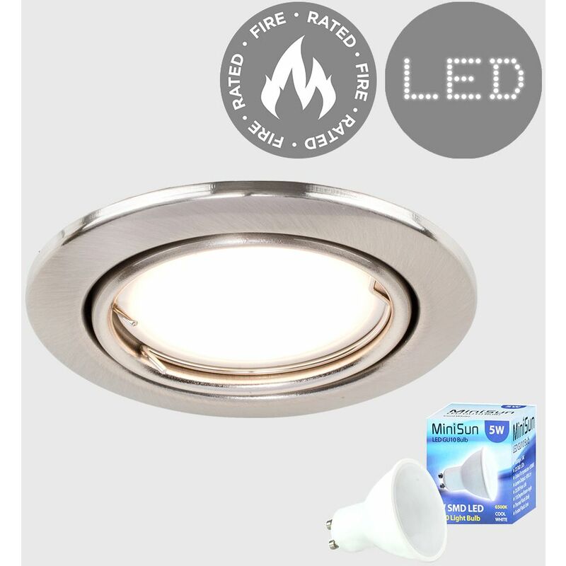 Fire Rated Tiltable GU10 Recessed Ceiling Downlight Spotlight + Cool White LED Bulb - Brushed Chrome