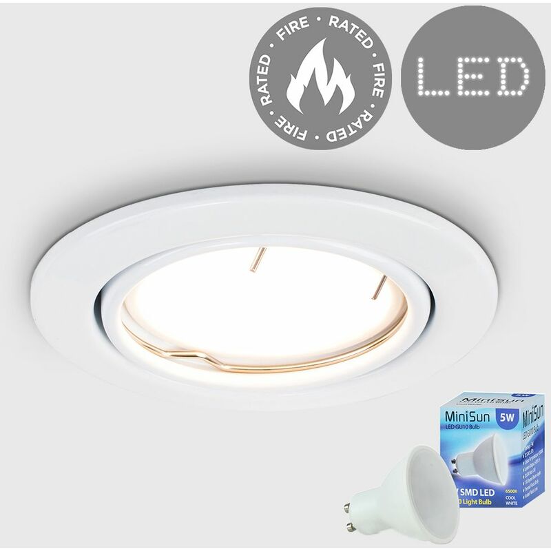 Fire Rated Tiltable GU10 Recessed Ceiling Downlight Spotlight + Cool White LED Bulb - Gloss White