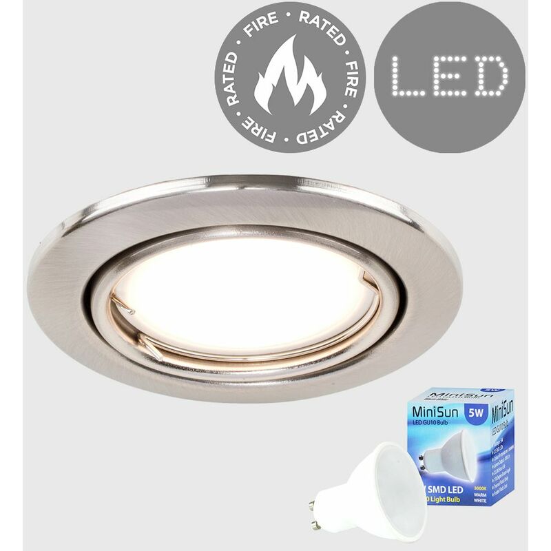 Fire Rated Tiltable GU10 Recessed Ceiling Downlight Spotlight + Warm White LED Bulb - Brushed Chrome