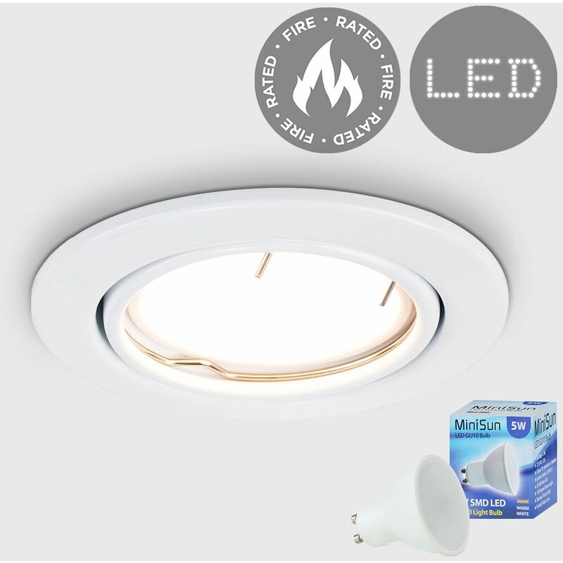 Fire Rated Tiltable GU10 Recessed Ceiling Downlight Spotlight + Warm White LED Bulb - Gloss White
