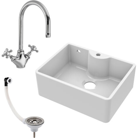 Fireclay 595mm - Butler Kitchen Sink - Tap Ledge with Overflow, Waste & Mixer Tap by Balterley