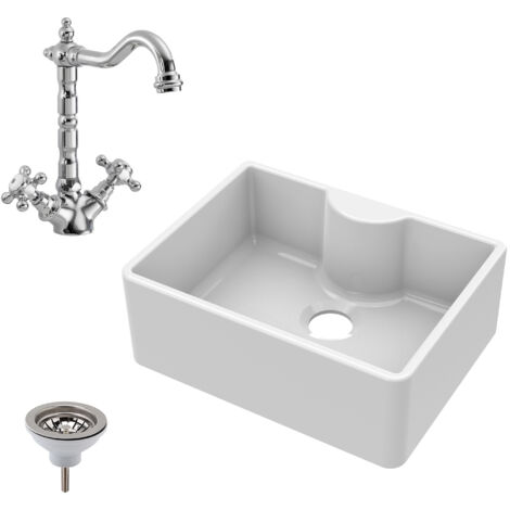 Fireclay 595mm Single Bowl Butler Kitchen Sink Bundle with Overflow Waste and French Classic Mixer Tap by Balterley