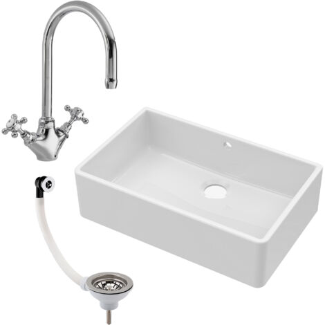 Fireclay 795mm 1 Bowl Butler Kitchen Sink with Overflow - Mixer Tap & Waste - Ceramic Kitchen Sink & Tap