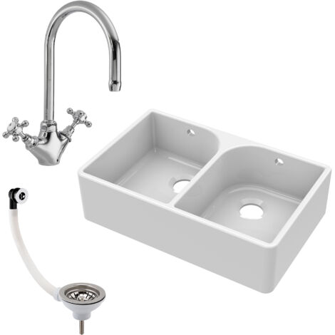 Fireclay 795mm Double Bowl Butler Kitchen Sink - Full Weir with Mono Mixer Tap & Wastes, Ceramic Kitchen Sink & Tap