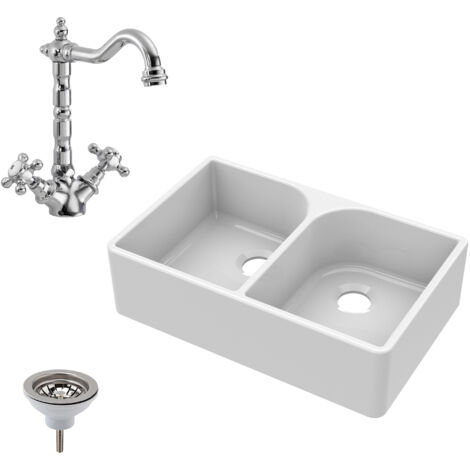 Fireclay 795mm Double Bowl Full Weir Butler Kitchen Sink - Classic Tap & Waste - Ceramic Kitchen Sink & Tap Set