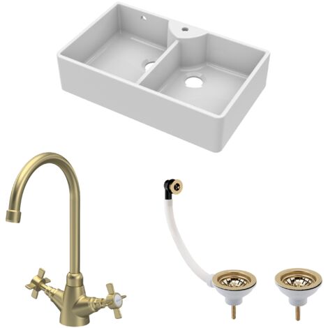 Fireclay 895mm Double Bowl Butler Kitchen Sink Bundle - 1 Tap Hole Design with Wastes & Mono Tap - Brushed Brass