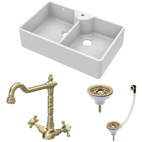 Fireclay 895mm Double Bowl Butler Kitchen Sink Bundle - 1 Tap Hole, Wastes & Classic Tap - Brushed Brass