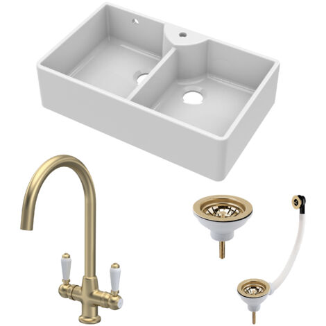 Fireclay 895mm Double Bowl Butler Kitchen Sink Bundle - 1 Tap Hole, Wastes & Mono Tap - Brushed Brass