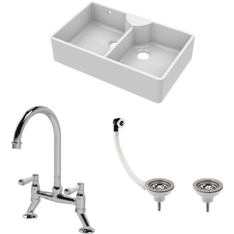Fireclay 895mm Double Bowl Butler Kitchen Sink Bundle - Stepped Weir, Wastes & Bridge Lever Tap - Ceramic Belfast