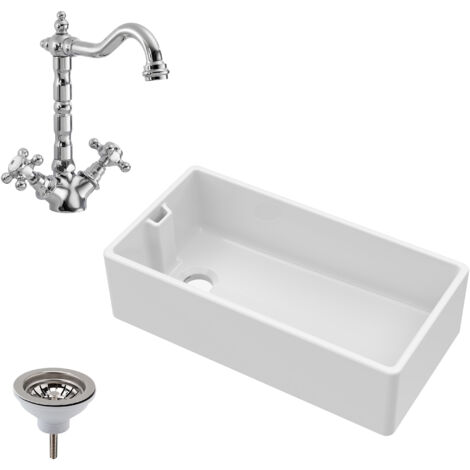 Fireclay Belfast Kitchen Sink with Overflow, 895mm 1 Bowl, French Classic Style Mixer Tap & Basket Strainer Waste