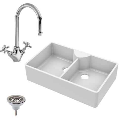 Fireclay Butler Kitchen Sink - 895mm Double Bowl with Stepped Weir, Mixer Tap & Wastes - Elegant Traditional Style