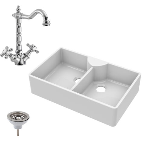 Fireclay Double Bowl Butler Kitchen Sink - 895mm Stepped Weir with Classic Tap & Wastes - Elegant Ceramic Design