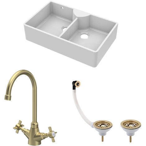 Fireclay Double Bowl Butler Sink Bundle - 895mm Stepped Weir with Wastes & Mono Crosshead Tap - Brushed Brass