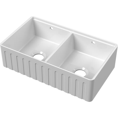 Fireclay Double Bowl Fluted Front Kitchen Sink with Thin Edge, Flush Weir and Overflows - 795mm - Balterley