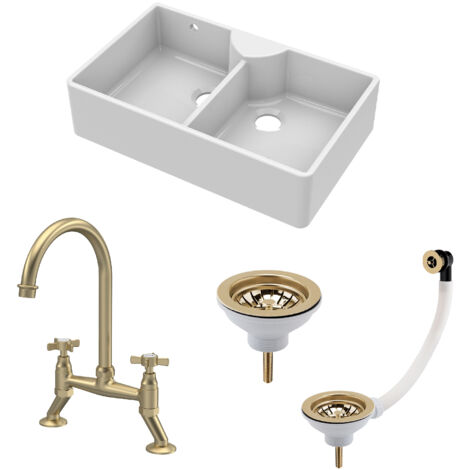 Fireclay Double Bowl Stepped Weir Butler Sink Bundle - 895mm with Wastes & Bridge Crosshead Tap - Brushed Brass