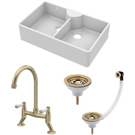 Fireclay Double Bowl Stepped Weir Butler Sink Bundle - 895mm with Wastes & Bridge Lever Tap - Brushed Brass