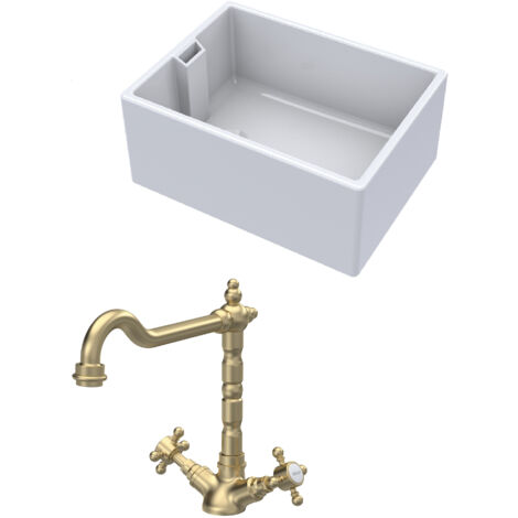 Fireclay Kitchen Bundle - 1 Bowl Belfast Sink & French Classic Mono Tap, 615mm - Brushed Brass