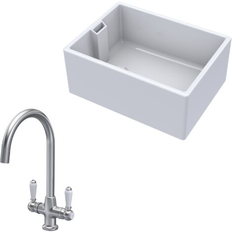 Fireclay Kitchen Bundle - 1 Bowl Belfast Sink & Mono Lever Handle Tap, 615mm - Brushed Nickel