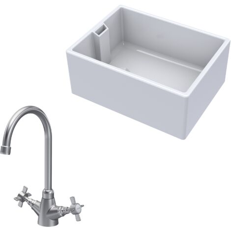 Fireclay Kitchen Bundle 1 Bowl Belfast Sink with Mono Crosshead Handle Tap, 615mm - Brushed Nickel