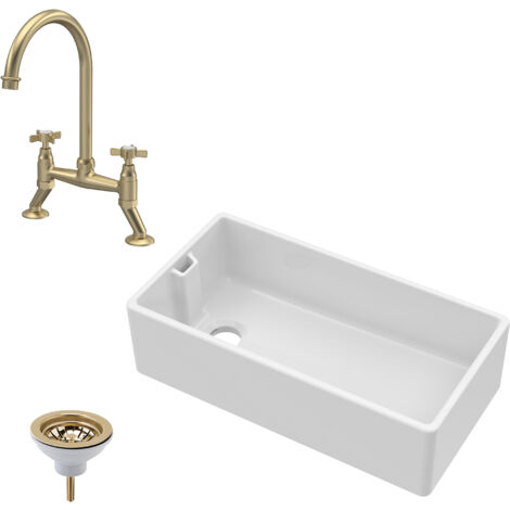 Fireclay Kitchen Bundle 1 Bowl Belfast Sink with Strainer Waste & Bridge Crosshead Mixer Tap, 895mm Brushed Brass