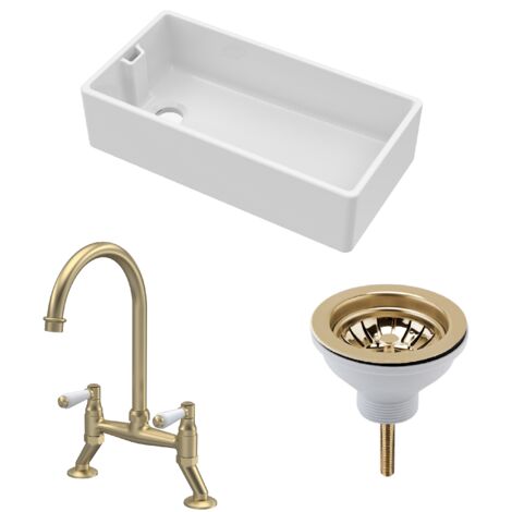Fireclay Kitchen Bundle 1 Bowl Belfast Sink with Strainer Waste & Bridge Lever Mixer Tap, 895mm Brushed Brass