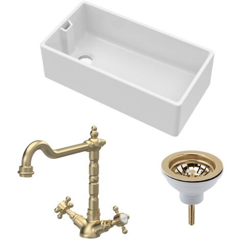 Fireclay Kitchen Bundle 1 Bowl Belfast Sink with Strainer Waste & French Classic Mono Tap, 895mm Brushed Brass