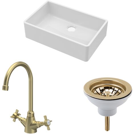Fireclay Kitchen Bundle - 1 Bowl Butler Sink, Waste & Mono Crosshead Tap - 795mm - Brushed Brass