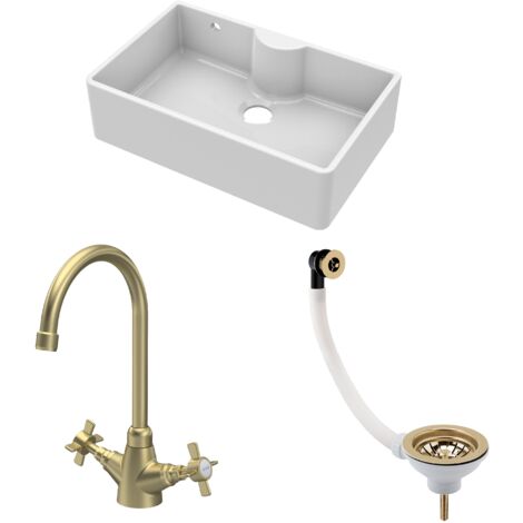 Fireclay Kitchen Bundle - 1 Bowl Butler Sink with Overflow & Ledge, Waste & Mono Tap - 795mm - Brushed Brass