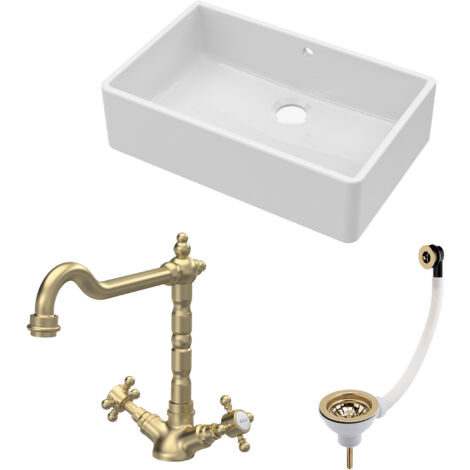 Fireclay Kitchen Bundle - 1 Bowl Butler Sink with Overflow, Waste & Classic Mono Tap - 795mm - Brushed Brass
