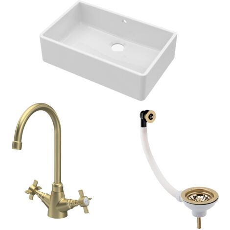 Fireclay Kitchen Bundle - 1 Bowl Butler Sink with Overflow, Waste & Mono Crosshead Tap, 795mm, Brushed Brass