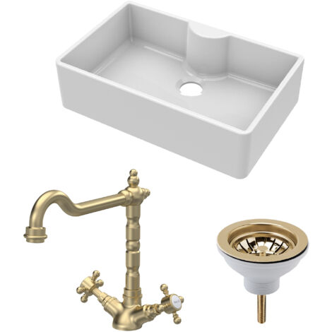 Fireclay Kitchen Bundle - 1 Bowl Butler Sink with Tap Ledge, Waste & Classic Tap, 795mm - Brushed Brass