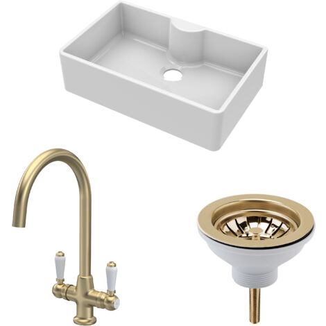 Fireclay Kitchen Bundle - 1 Bowl Butler Sink with Tap Ledge, Waste & Mono Lever Tap - 795mm - Brushed Brass