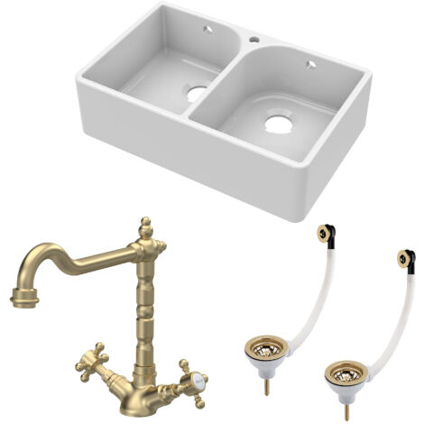 Fireclay Kitchen Bundle - 2 Bowl Full Weir 1 Tap Hole Butler Sink w/ Wastes & Classic Tap, 795mm - Brushed Brass