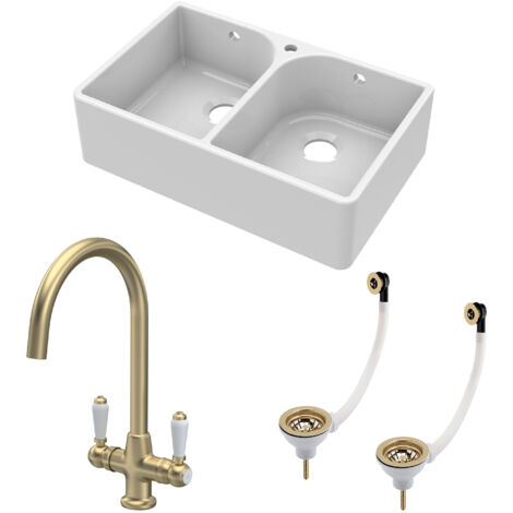 Fireclay Kitchen Bundle - 2 Bowl Full Weir 1 Tap Hole Butler Sink with Wastes & Lever Tap, 795mm - Brushed Brass
