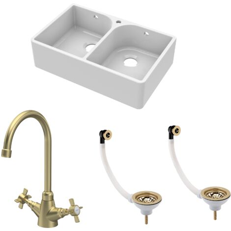Fireclay Kitchen Bundle - 2 Bowl Full Weir 1 Tap Hole Butler Sink with Wastes & Mono Tap - 795mm - Brushed Brass