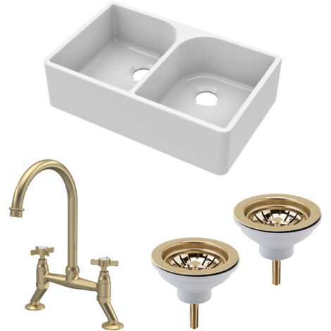 Fireclay Kitchen Bundle - 2 Bowl Full Weir Butler Sink No Overflow w/ Wastes & Bridge Tap, 795mm - Brushed Brass