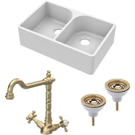 Fireclay Kitchen Bundle - 2 Bowl Full Weir Butler Sink No Overflow w/ Wastes & Classic Tap, 795mm, Brushed Brass