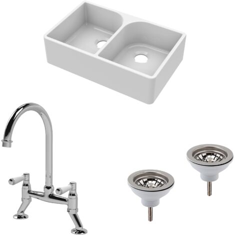 Fireclay Kitchen Bundle - 2 Bowl Full Weir Butler Sink No Overflow with Wastes & Bridge Lever Tap, 795mm, Chrome