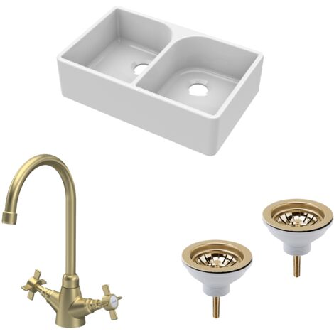 Fireclay Kitchen Bundle - 2 Bowl Full Weir Butler Sink No Overflow with Wastes & Mono Tap, 795mm - Brushed Brass