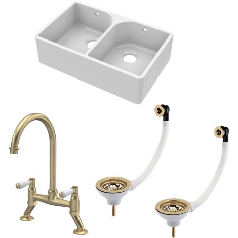 Fireclay Kitchen Bundle -  2 Bowl Full Weir Butler Sink with Wastes & Bridge Lever Tap - 795mm - Brushed Brass