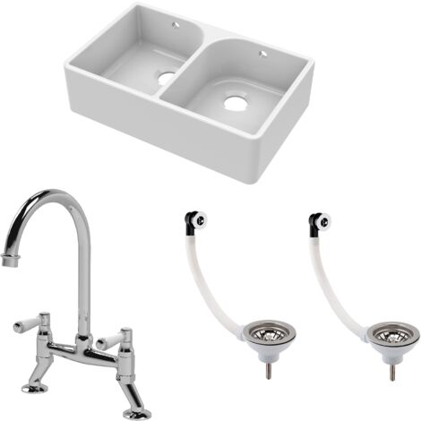 Fireclay Kitchen Bundle - 2 Bowl Full Weir Butler Sink with Wastes & Bridge Lever Tap - 795mm - Chrome