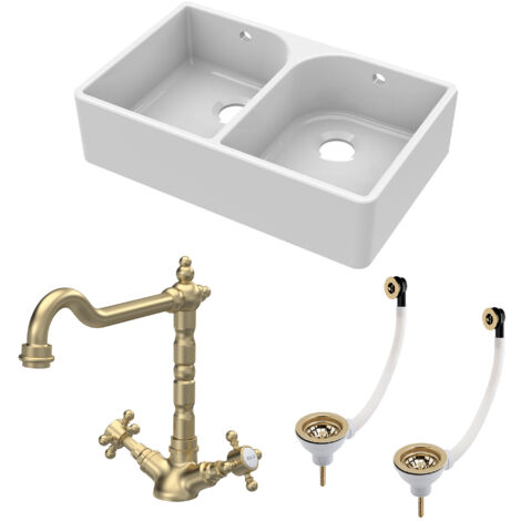 Fireclay Kitchen Bundle - 2 Bowl Full Weir Butler Sink with Wastes & French Classic Tap, 795mm - Brushed Brass