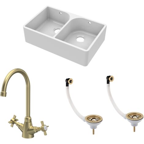 Fireclay Kitchen Bundle - 2 Bowl Full Weir Butler Sink with Wastes & Mono Crosshead Tap, 795mm - Brushed Brass