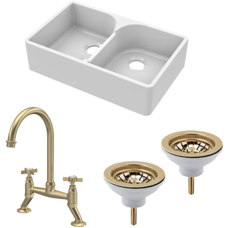 Fireclay Kitchen Bundle - 2 Bowl Stepped Weir Butler Sink, Wastes & Bridge Crosshead Tap, 795mm - Brushed Brass