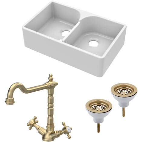 Fireclay Kitchen Bundle - 2 Bowl Stepped Weir Butler Sink, Wastes & French Classic Tap, 795mm - Brushed Brass