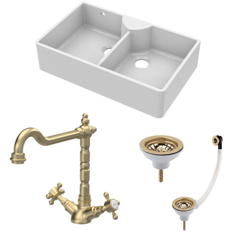Fireclay Kitchen Bundle - 2 Bowl Stepped Weir Butler Sink, Wastes & French Classic Tap, 895mm - Brushed Brass