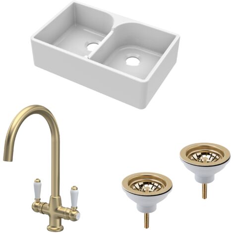 Fireclay Kitchen Bundle - 2 Bowl Stepped Weir Butler Sink, Wastes & Mono Lever Tap, 795mm - Brushed Brass