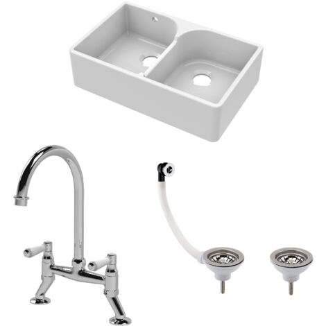 Fireclay Kitchen Bundle - 2 Bowl Stepped Weir Butler Sink with Wastes & Bridge Lever Tap, 795mm - Chrome