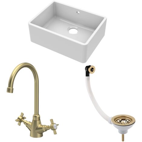 Fireclay Kitchen Bundle - 595mm Single Bowl Butler Sink + Overflow, Waste & Mono Crosshead Handle Tap in Brushed Brass - Balterley